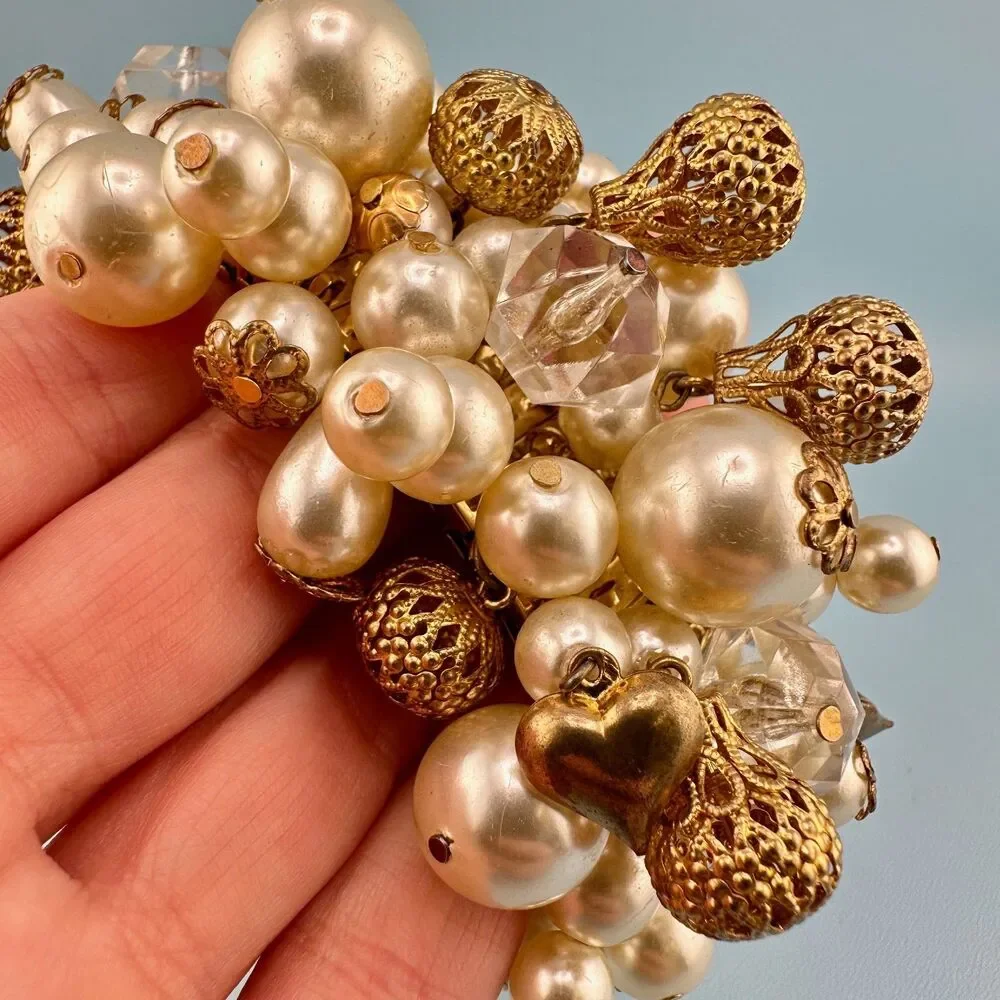 Vintage Cha Cha Bracelet Faux Pearl Filigree Ball Lucite Crystal Heart Expansion